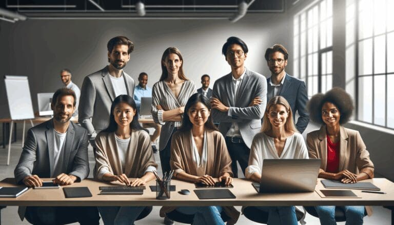 Grupo diverso de emprendedores colaborando en una oficina moderna con tecnología visible.