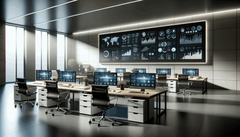 Oficina moderna con laptops y pantallas mostrando datos, ambiente tecnológico y profesional.