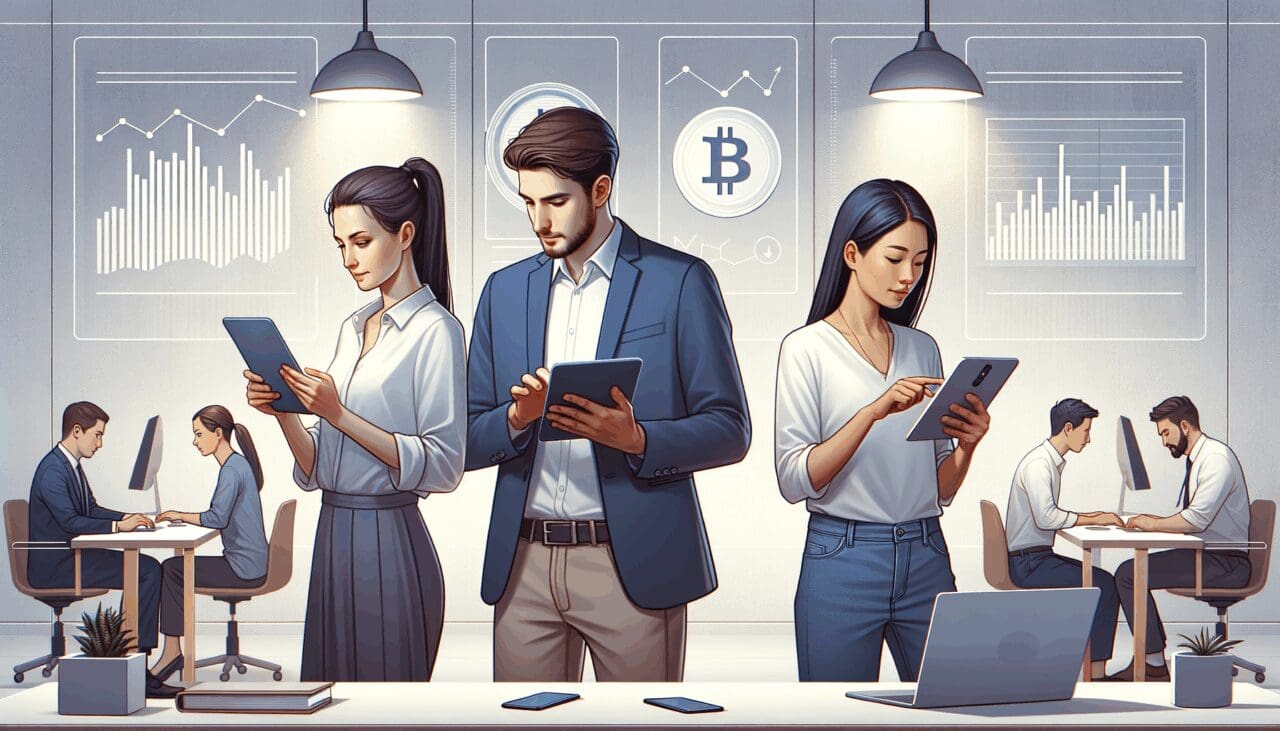 Ilustración de jóvenes profesionales en una oficina moderna revisando sus dispositivos con gráficos de monedas digitales en el fondo.