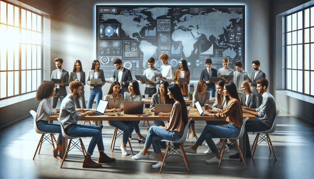 Reunión de jóvenes profesionales en un espacio de trabajo moderno, usando laptops y pantallas con esquemas tecnológicos.