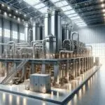 Planta tecnológica moderna con maquinaria procesando residuos para generar energía limpia.