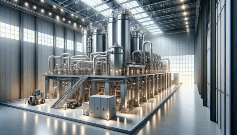 Planta tecnológica moderna con maquinaria procesando residuos para generar energía limpia.