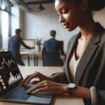 Primer plano de un emprendedor revisando su laptop en un coworking moderno, pantalla con gráficos de criptomonedas.