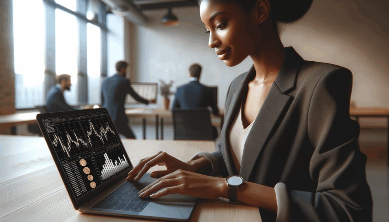 Primer plano de un emprendedor revisando su laptop en un coworking moderno, pantalla con gráficos de criptomonedas.