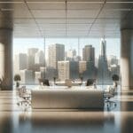 Oficinas modernas y tecnológicas en San Francisco con un horizonte urbano de fondo