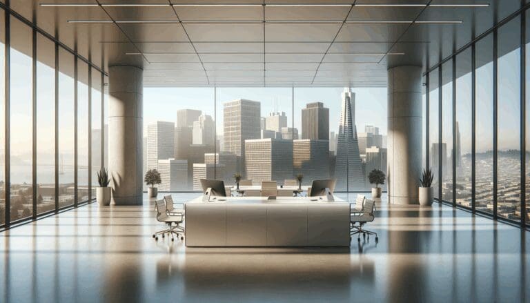 Oficinas modernas y tecnológicas en San Francisco con un horizonte urbano de fondo