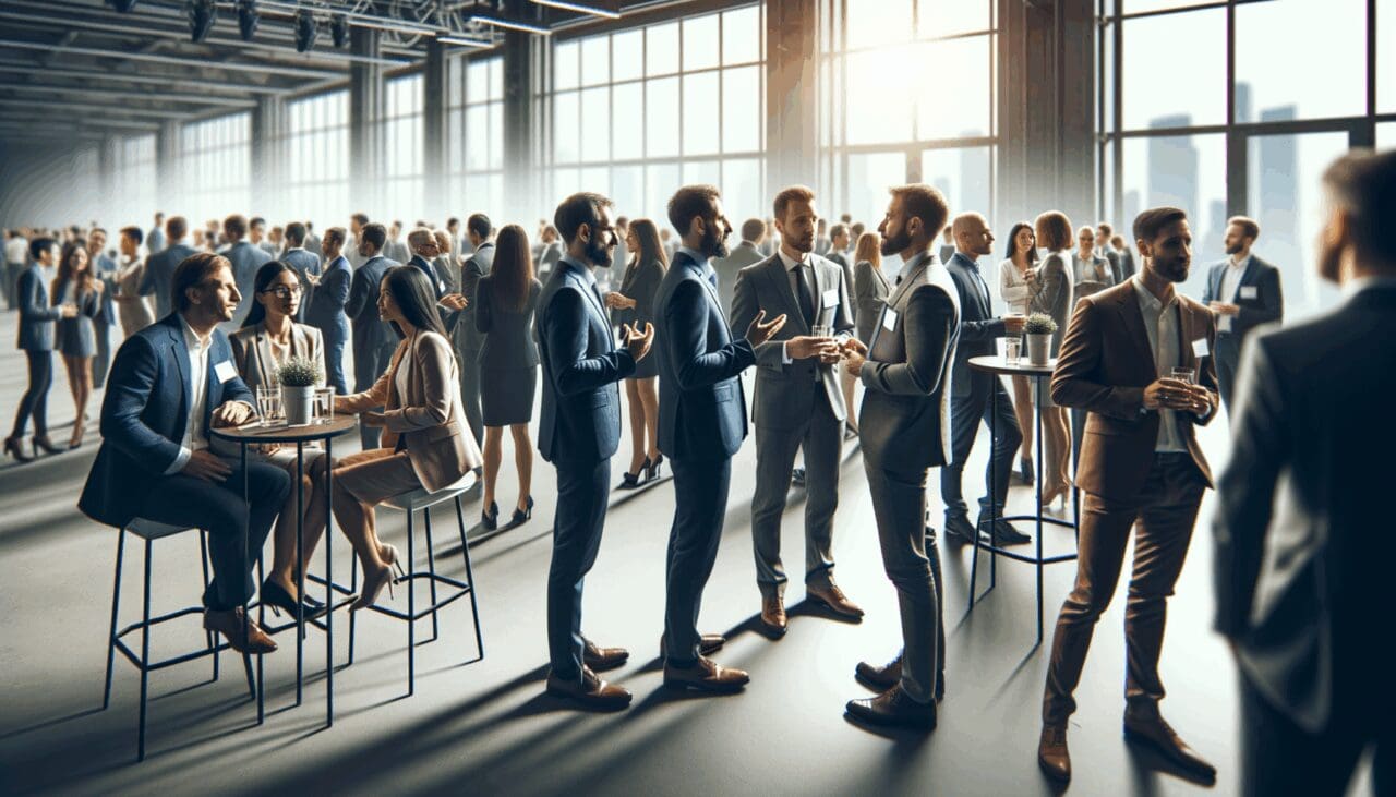 Grupo de emprendedores en una sesión de networking en un evento tecnológico.