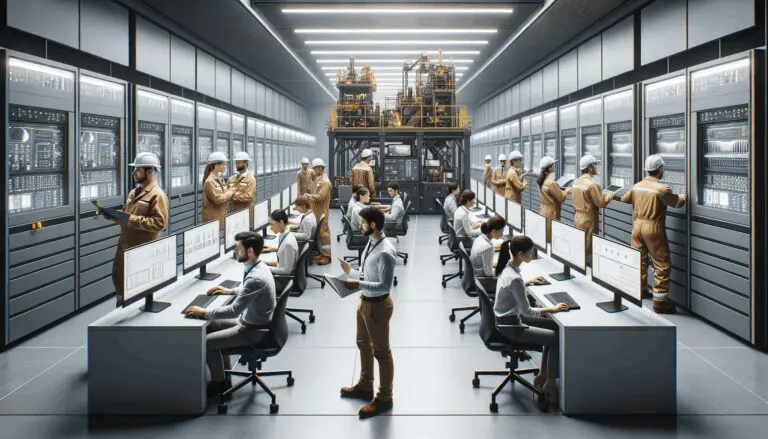 Ingenieros trabajando en un laboratorio de tecnología minera con equipos modernos.