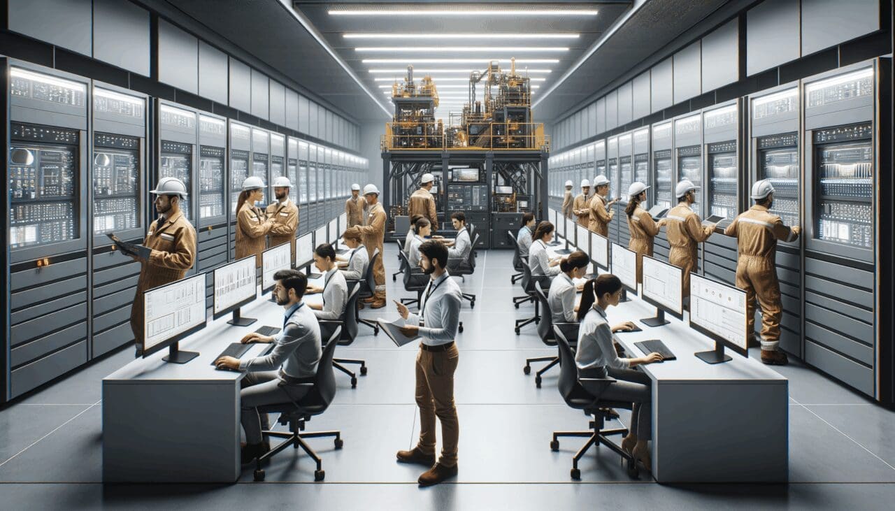 Ingenieros trabajando en un laboratorio de tecnología minera con equipos modernos.