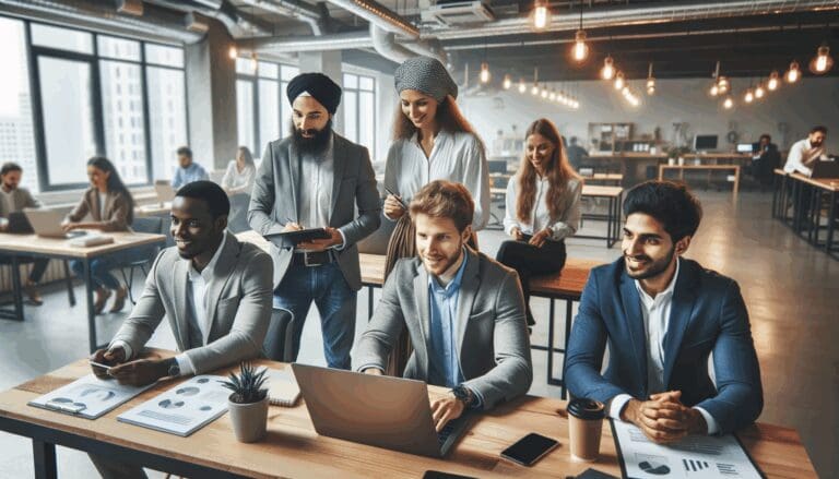 Imagen de emprendedores trabajando juntos en un espacio de coworking moderno