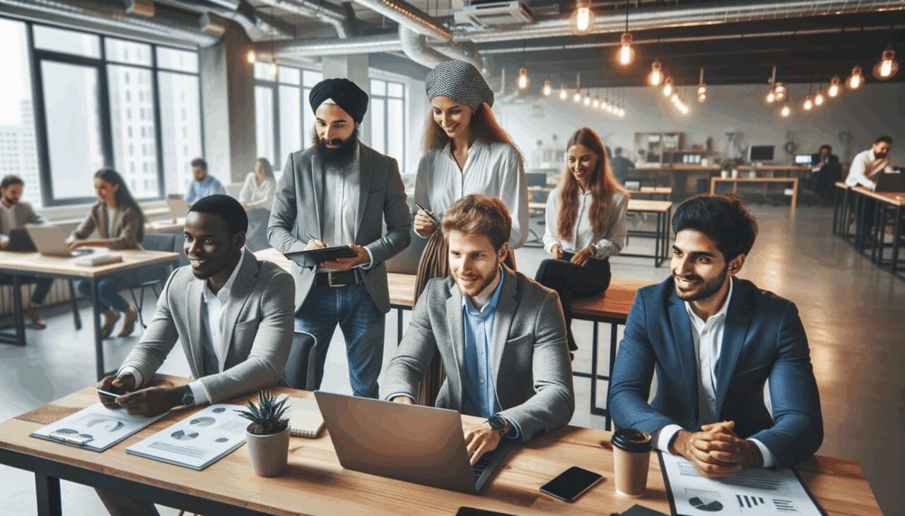 Imagen de emprendedores trabajando juntos en un espacio de coworking moderno