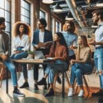 Equipo multicultural de jóvenes emprendedores debatiendo ideas en una sala moderna de coworking, ambiente tecnológico y colaborativo.