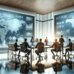 Oficina moderna con equipos colaborando y pantallas digitales, reflejando tecnología financiera.