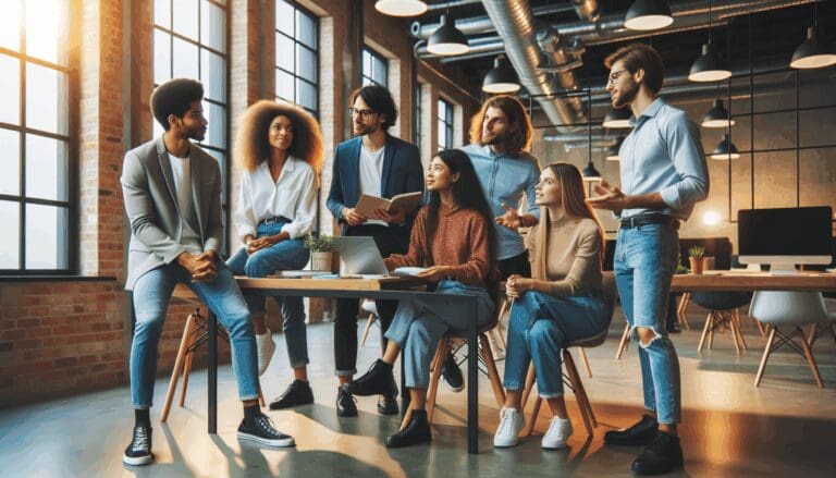 Equipo multicultural de jóvenes emprendedores debatiendo ideas en una sala moderna de coworking, ambiente tecnológico y colaborativo.