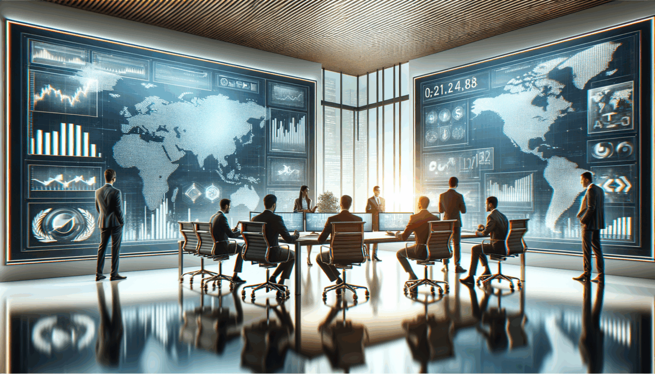 Oficina moderna con equipos colaborando y pantallas digitales, reflejando tecnología financiera.