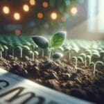 Detalle de plantas creciendo en tierra poco fértil bajo luz natural, con fondo difuminado.