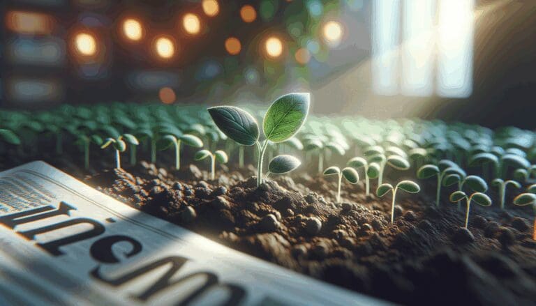 Detalle de plantas creciendo en tierra poco fértil bajo luz natural, con fondo difuminado.