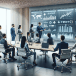 Ejecutivos analizando datos en una sala de juntas moderna con pantallas digitales.