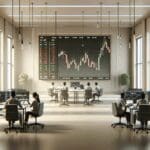 Oficinas minimalistas con pantallas mostrando gráficos de bolsa y desarrolladores trabajando.