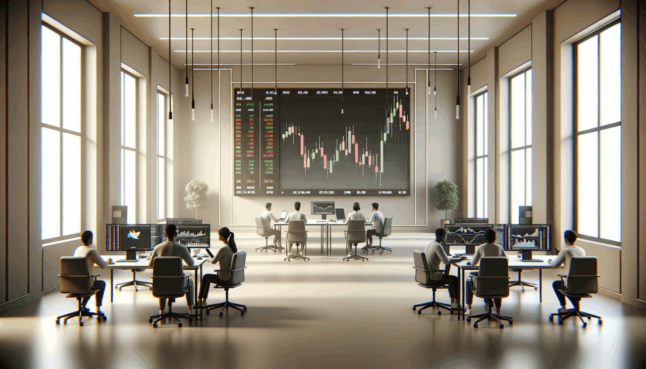 Oficinas minimalistas con pantallas mostrando gráficos de bolsa y desarrolladores trabajando.