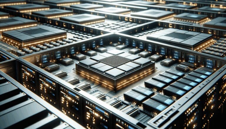 Primer plano de servidores y chips avanzados en un moderno centro de datos tecnológico.