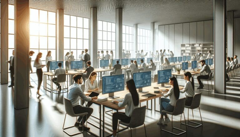 Sala moderna con computadoras y jóvenes trabajando en proyectos tecnológicos, luz natural y ambiente colaborativo.