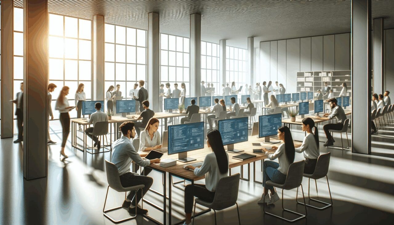 Sala moderna con computadoras y jóvenes trabajando en proyectos tecnológicos, luz natural y ambiente colaborativo.