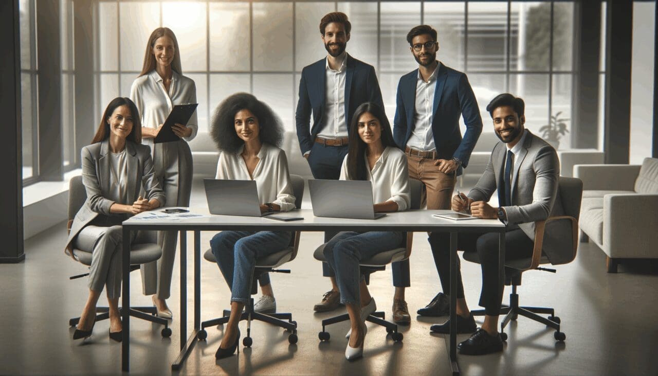 Grupo de emprendedores colaborando en una oficina moderna, ambiente de startup.