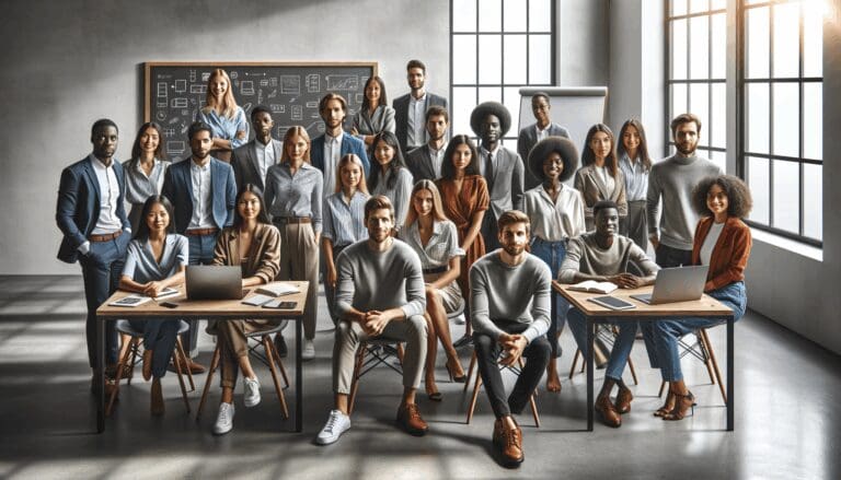 Personas jóvenes reunidas en una oficina moderna, rodeados de laptops y pizarras, mostrando colaboración e innovación.