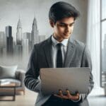 Joven emprendedor en una oficina moderna, usando una laptop, con fondo de ciudad cosmopolita.