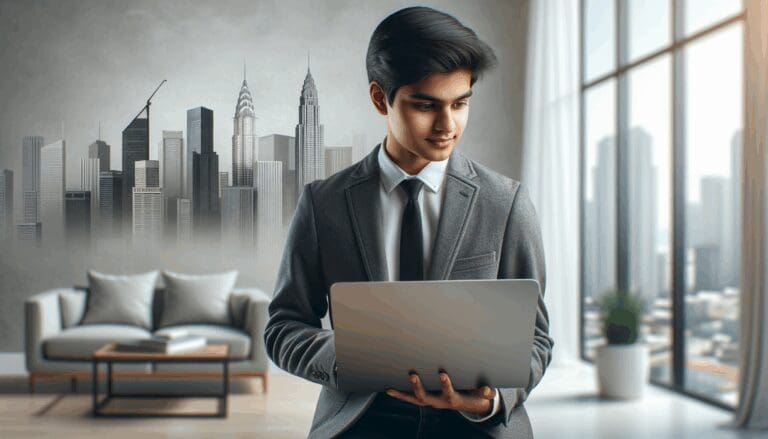 Joven emprendedor en una oficina moderna, usando una laptop, con fondo de ciudad cosmopolita.