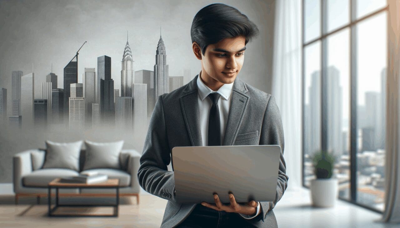 Joven emprendedor en una oficina moderna, usando una laptop, con fondo de ciudad cosmopolita.