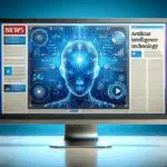 Ilustración conceptual de una tecnología de inteligencia artificial en una pantalla de ordenador, con fondo azul y elementos futuristas.