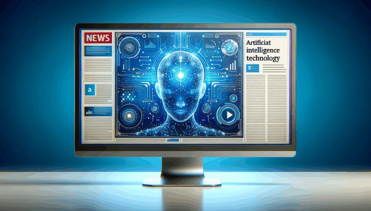Ilustración conceptual de una tecnología de inteligencia artificial en una pantalla de ordenador, con fondo azul y elementos futuristas.