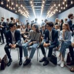 Fotografía de jóvenes emprendedores interactuando en un evento tecnológico moderno.