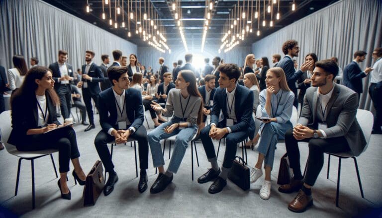 Fotografía de jóvenes emprendedores interactuando en un evento tecnológico moderno.