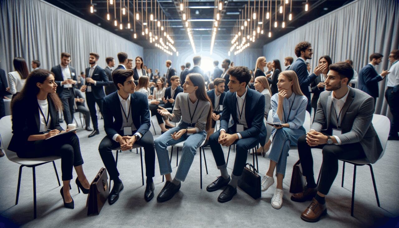 Fotografía de jóvenes emprendedores interactuando en un evento tecnológico moderno.