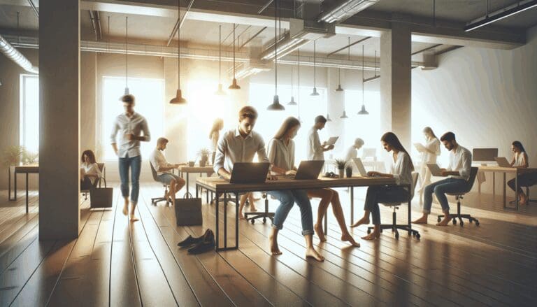 Oficina moderna con equipo joven trabajando en un espacio abierto y relajado, algunos descalzos, luz natural, ambiente cálido.