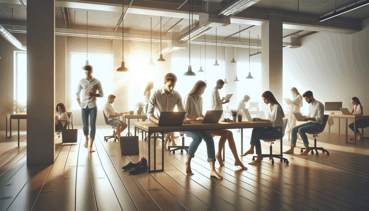 Oficina moderna con equipo joven trabajando en un espacio abierto y relajado, algunos descalzos, luz natural, ambiente cálido.