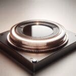 Primer plano de un dispositivo tecnológico conceptual, iluminación suave y fondo neutro, estilo editorial.