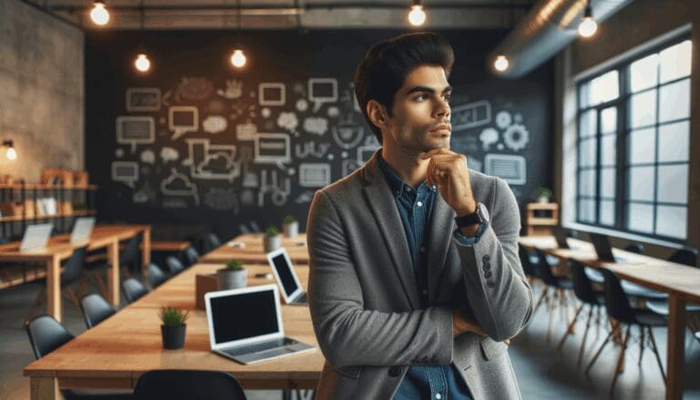 Emprendedor joven reflexionando en un espacio de coworking moderno con laptops y pizarras.