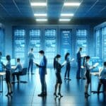 Sala de servidores con luces azules y personas analizando datos digitales en pantallas grandes.