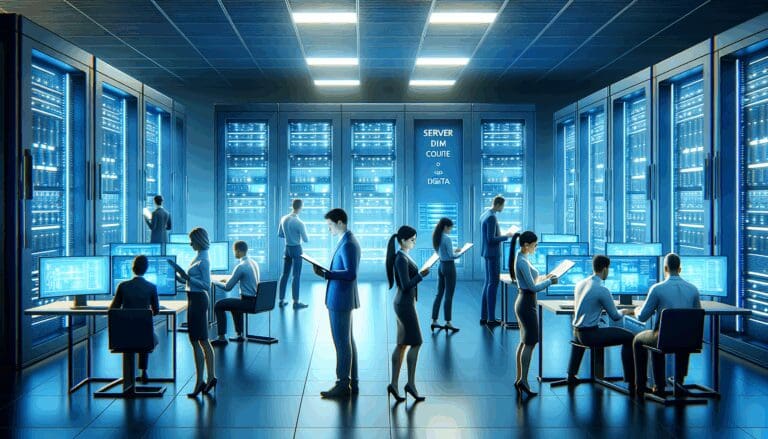Sala de servidores con luces azules y personas analizando datos digitales en pantallas grandes.