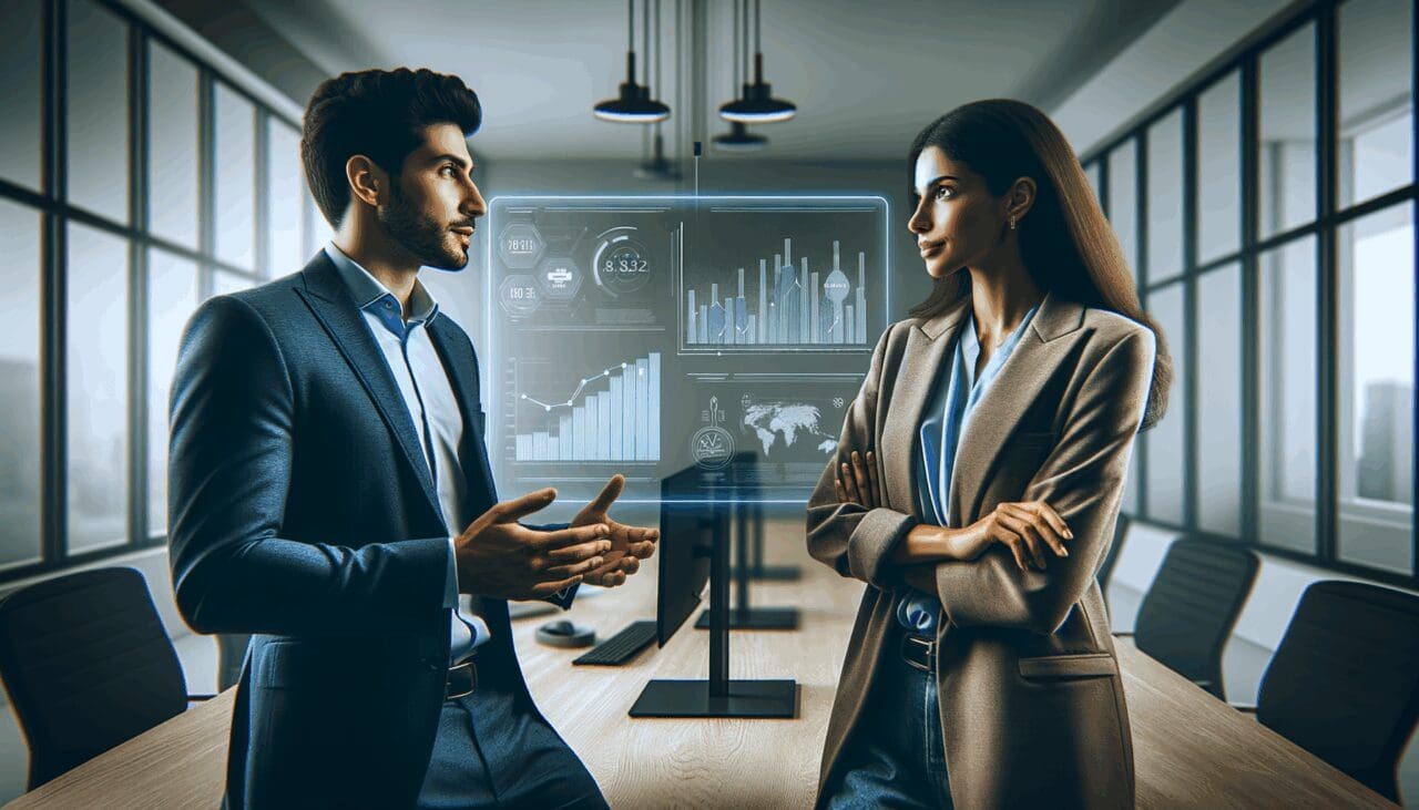 Dos jóvenes emprendedores conversan frente a una pantalla digital con gráficos y datos legales en una oficina moderna iluminada.