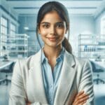 Retrato profesional de una joven emprendedora latinoamericana en un entorno de laboratorio biotecnológico moderno.