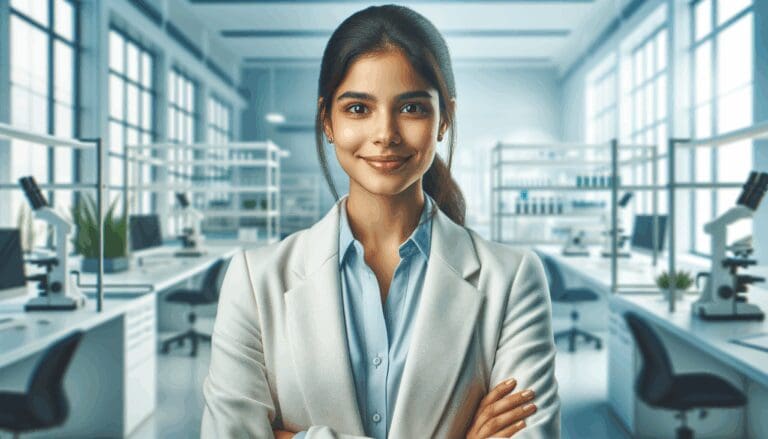 Retrato profesional de una joven emprendedora latinoamericana en un entorno de laboratorio biotecnológico moderno.