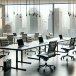 Oficina vacía con sillas modernas y laptops apagados en un entorno urbano.