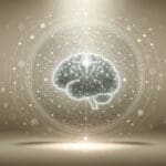 Fondo tecnológico minimalista con ilustración de red de datos y cerebro artificial brillante al centro