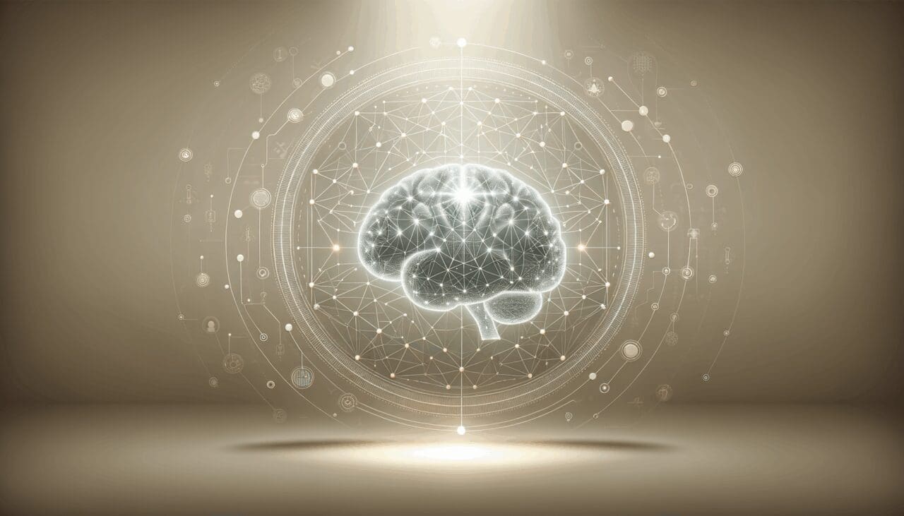 Fondo tecnológico minimalista con ilustración de red de datos y cerebro artificial brillante al centro