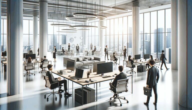 Oficinas modernas y equipos de trabajo en un espacio de coworking tecnológico, con ambiente internacional y diverso.